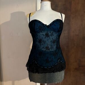 Fredericks Of Hollywood Black Blue Lace Babydoll Ruffle Top 36  Goth Y2K Vtg
